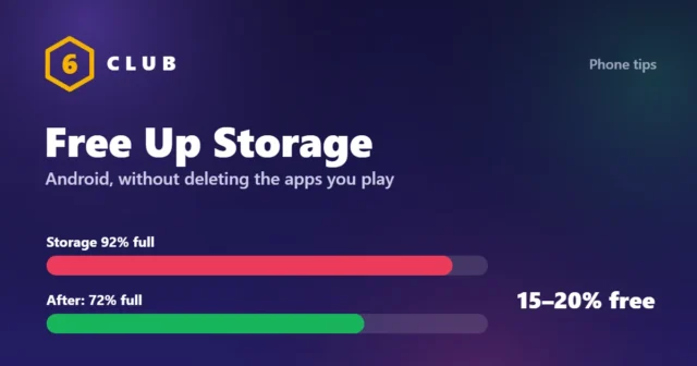 Free up storage on Android without deleting apps: storage bar from 92% to 72% full