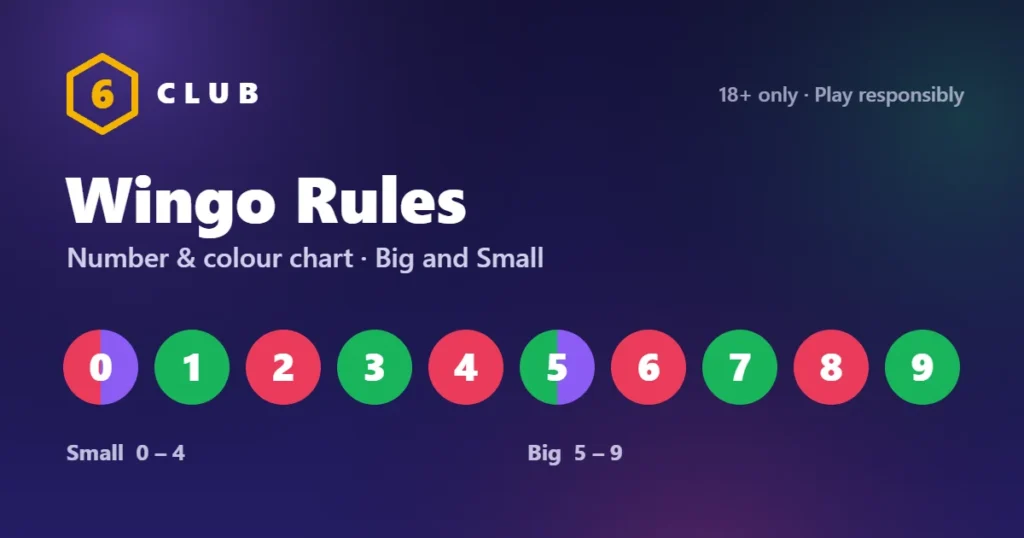 Wingo rules chart: numbers 0 to 9 with Green, Red and Violet colours and Big/Small